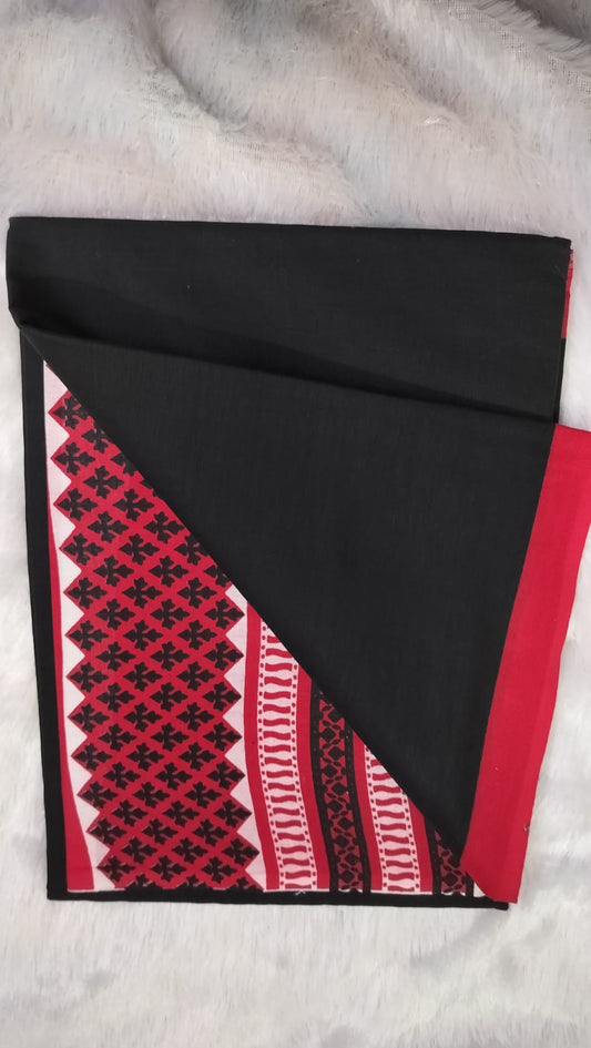 Cotton Mulmul Saree-Black Saree with Geometric Red Border