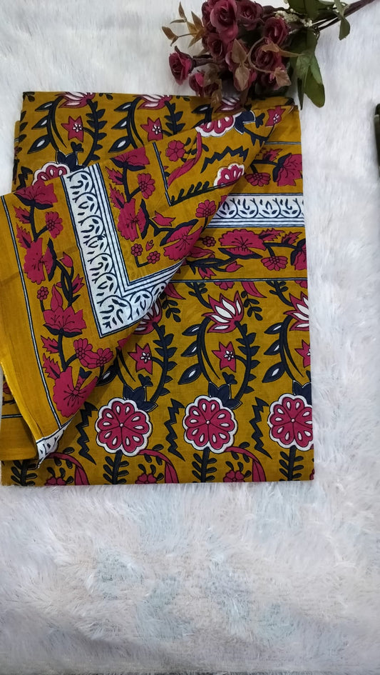 Cotton Mulmul Saree - Mustard Color, Pink Flowers