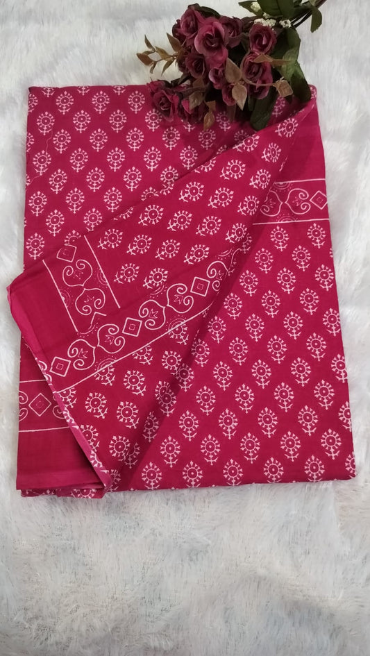 Cotton Mulmul Saree - Pink Saree with White Motifs Mulmul Cotton Sarees