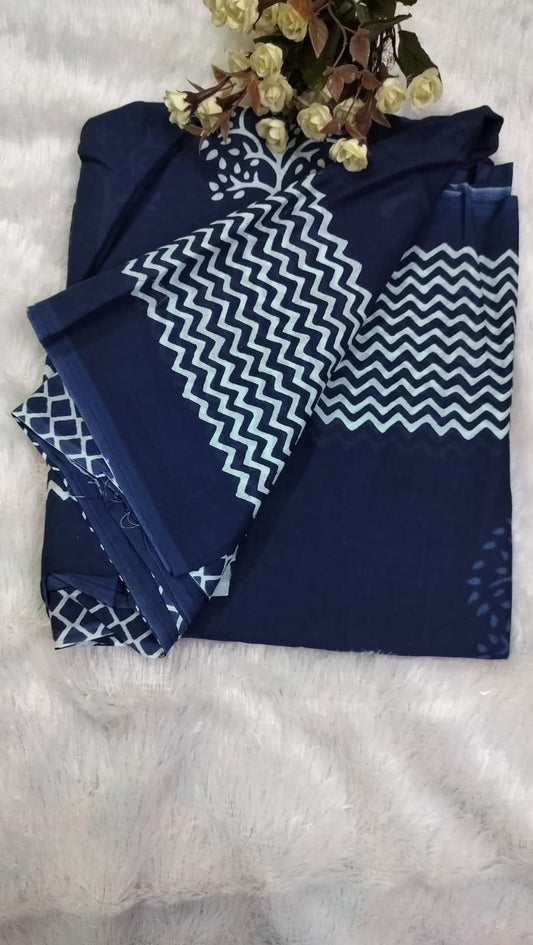 Cotton Mulmul Saree -Blue Saree with White Tree Motifs, Zig Zag Border