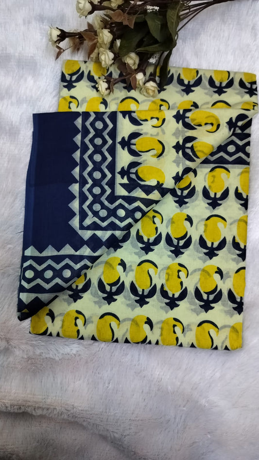 Cotton Mulmul Saree -White Saree with Yellow and Blue Mango Motifs, Blue Geometry Border