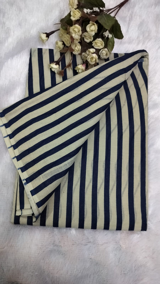 Cotton Mulmul Saree - Navy Blue and White Stripes