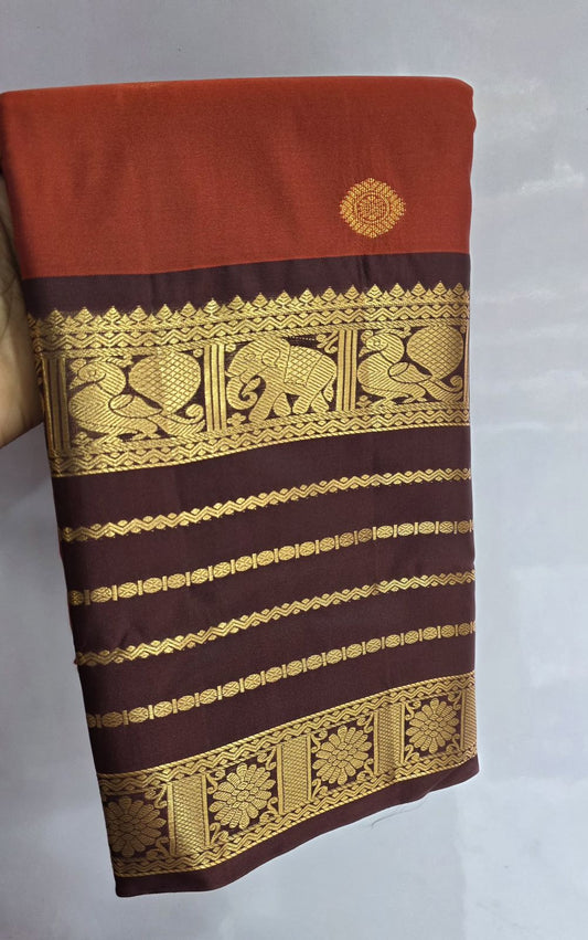 Rust Orange Silk Saree with Wine Color Border, Zari woven Saree with Buttas all over the body rich pallu