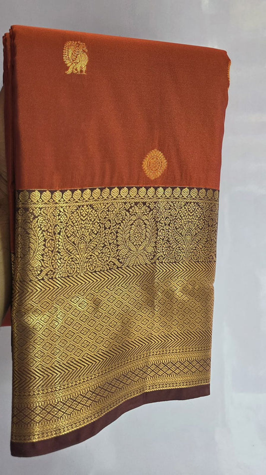 Rust Orange Silk Saree with Wine Color Border, Zari woven Saree with Buttas all over the body rich pallu (Copy)