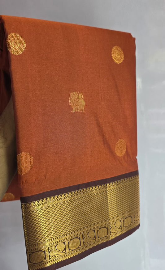 Rust Orange Silk Saree with Wine Color Border, Zari woven Saree with Buttas all over the body rich pallu (Copy) (Copy) (Copy)