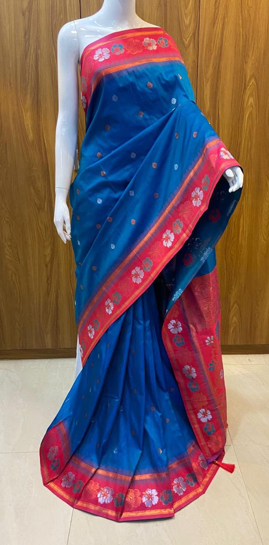 Soft Silk Saree - Blue Colour and Contrast Pink Colour Floral Weaving Border, Zari Buttas All Over the Body