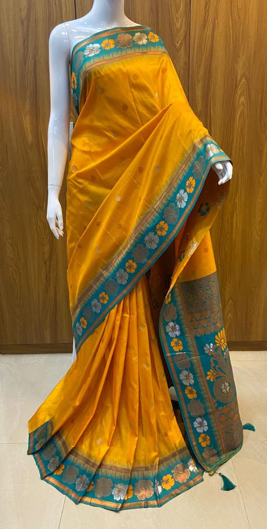 Soft Silk Saree - Yellow Colour and Contrast Green Color Floral Weaving Border, Zari Buttas All Over the Body