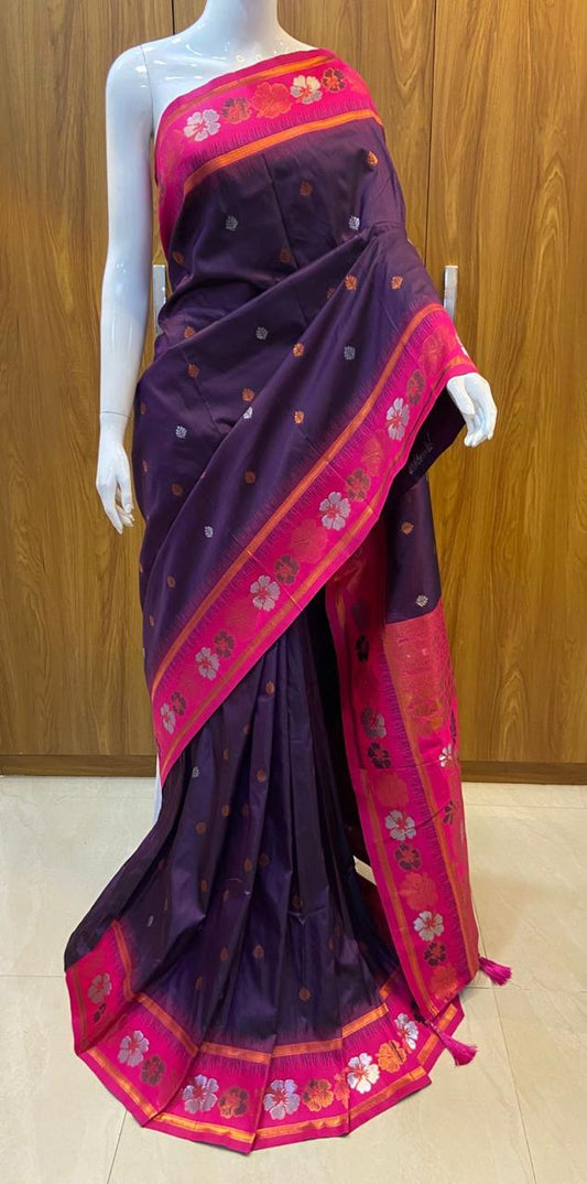 Soft Silk Saree - Brinjal and Contrast Pink Color Floral Weaving Border, Zari Buttas All Over the Body