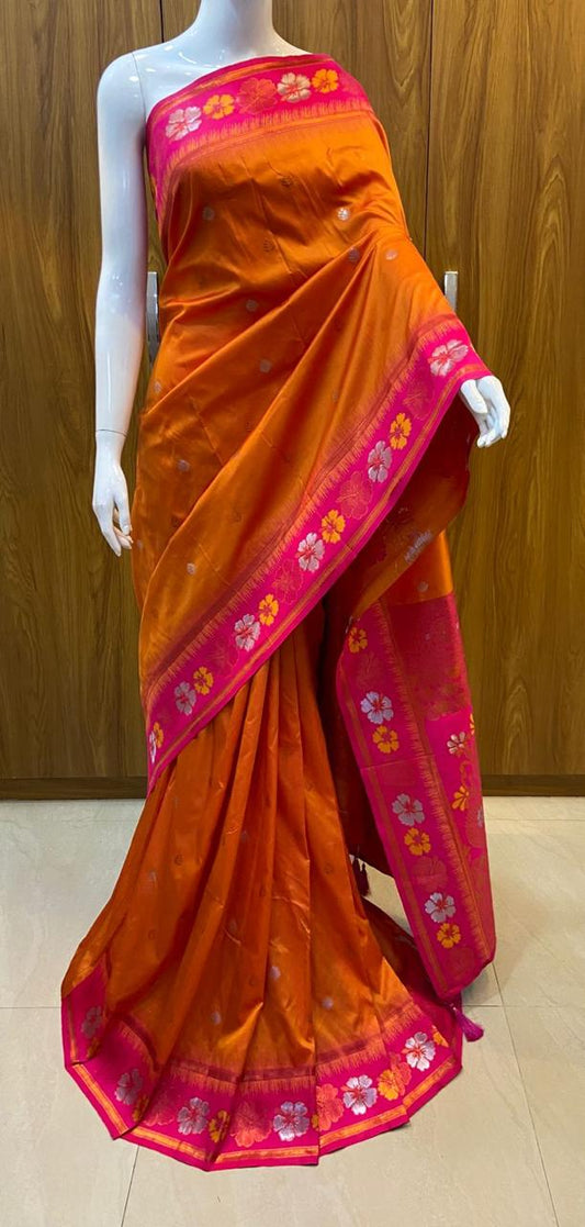 Soft Silk Saree - Orange and Contrast Pink Colour Flower Weaving Border, Zari Butta all over the body