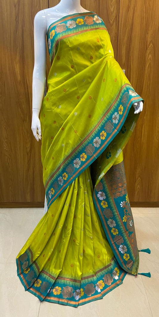 Soft Silk Saree - Floroscent Green and Contrast Blue Color Floral Weaving Border, Zari Butta All Over the Body