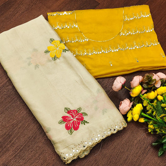 Fancy Rangoli Biege Color Silk Saree with Floral Embroidery in the body of the Saree and Cut Border Mirror Work and Yellow Heavy Mirror Work Contrast Blouse