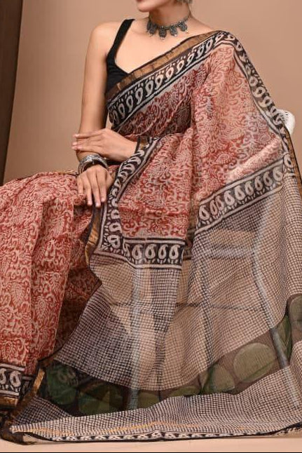 Maheshwari Silk Saree - Red Brick Floral Motifs Saree, with Black Border, with Polka Dots in Pallu