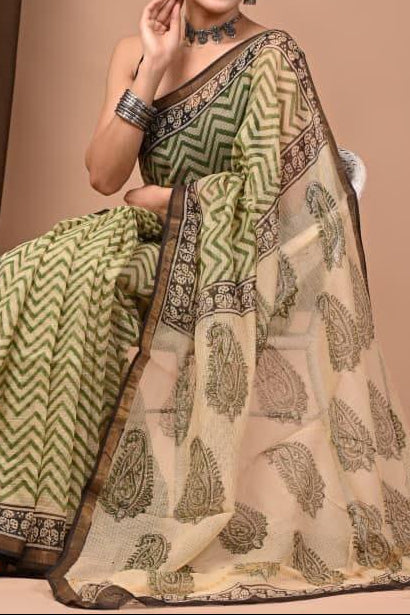 Maheshwari Silk Saree - Green Zig Zag Motifs Black Border and Black Mango Motif Pallu