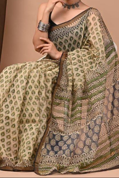 Maheshwari Silk Saree - Green Floral and Black Border Body,  Mango Motifs and Horizontal Stripes Pallu