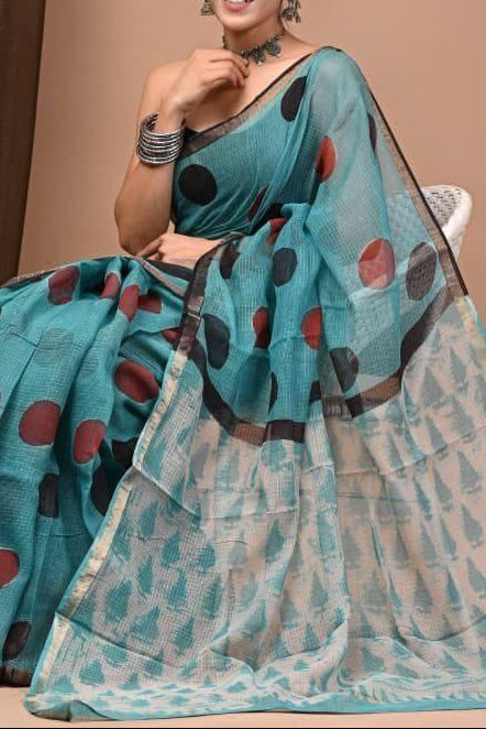 Maheshwari Silk Saree - Blue Saree with Black and Red Polka Dots, and Blue Floral Motifs Pallu