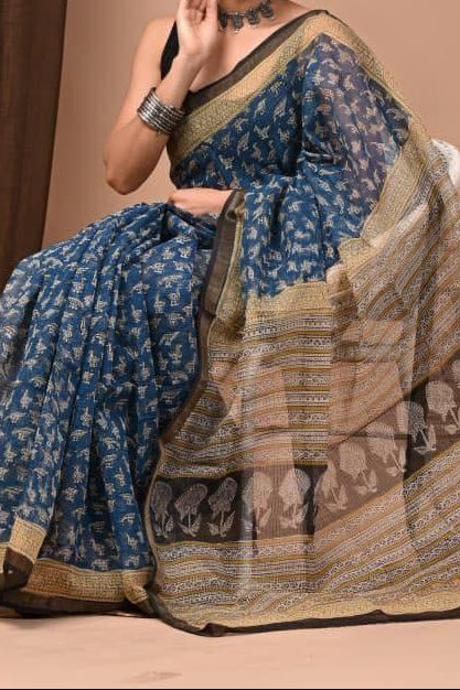 Maheshwari Silk Saree - Blue Saree with Dinosaur Motifs, with Black Floral Border