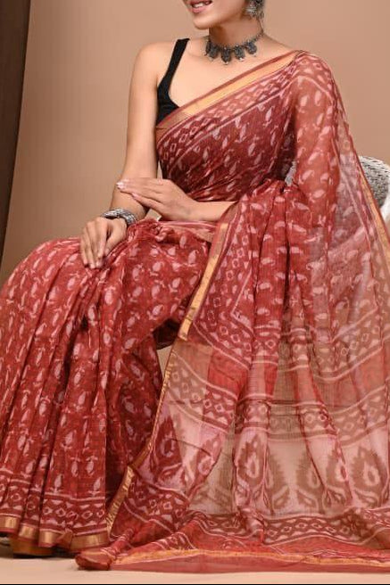 Maheshwari Silk Saree - Red Saree with White Motifs in the Saree and Pallu