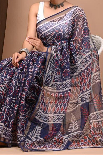 Maheshwari Silk Saree - Blue and Red Floral Motifs Body and Pallu