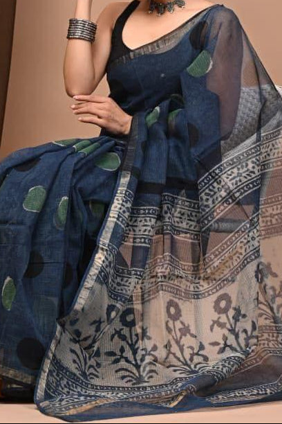 Maheshwari Silk Saree - Navy Blue Saree with Black and Blue Polka Dots, Navy Blue Floral Motifs Pallu