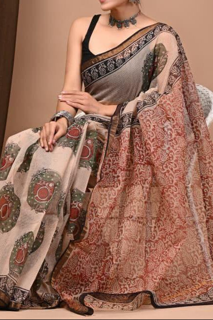Maheshwari Silk Saree - Big Red Brick and Green Floral Body, Black Border, Red Brick Floral Pallu