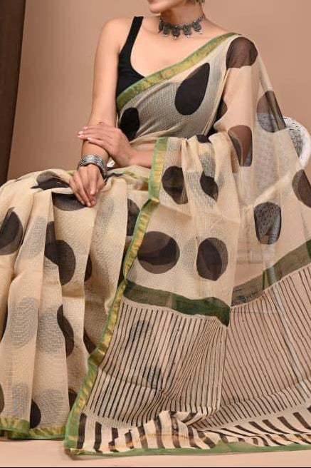 Maheshwari Silk Saree - Black Polka Dots, Green Zari Border With Black Stripes Pallu