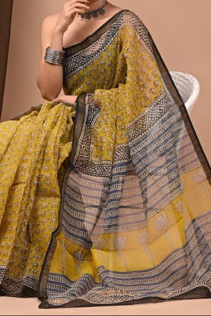 Maheshwari Silk Saree - Camel Print and Black Border, Black Floral Motifs Pallu