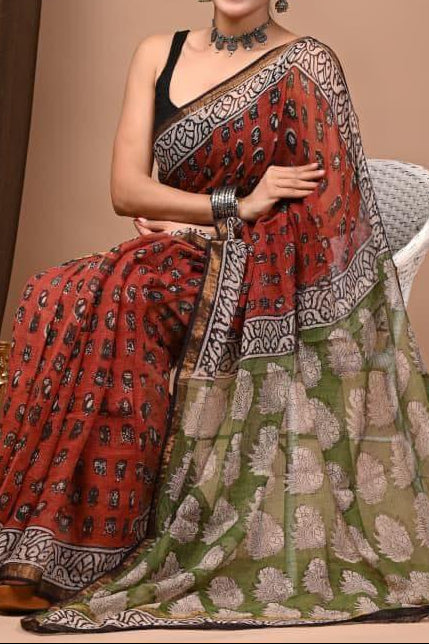 Maheshwari Silk Saree - Red Brick Red Saree with Black Buttas, Black Border, Green Pallu with White Floral Butties