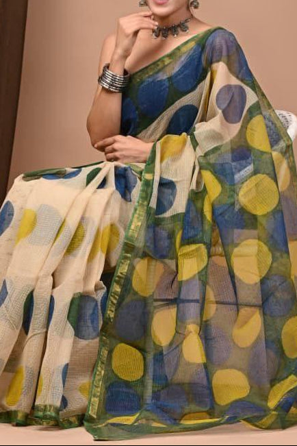 Maheshwari Silk Saree -  Blue and Yellow Polka Dots, Blue Polka Dots Border