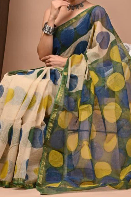Maheshwari Silk Saree - Blue and Yellow Big Polka Dots