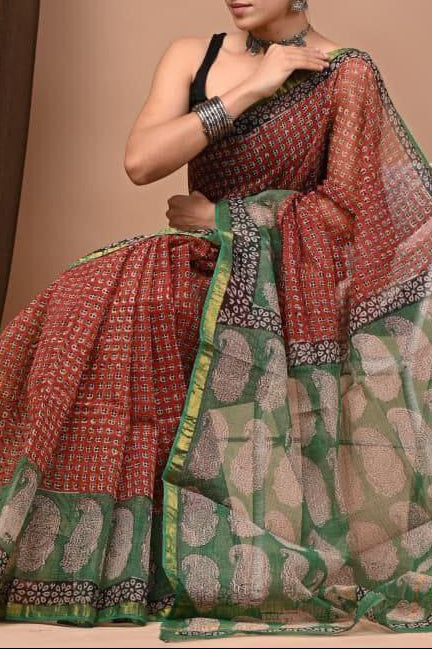 Maheshwari Silk Saree - Red Saree with Green Mango Motifs Border and Green Mango Motifs Pallu