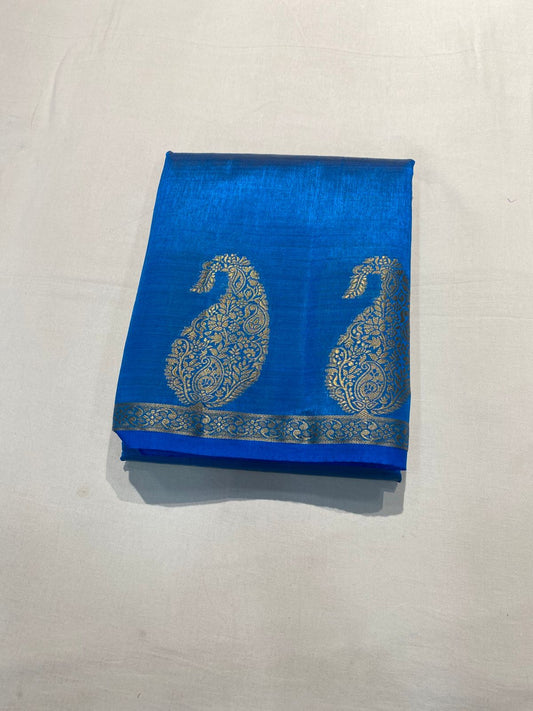 Semi Tussar Silk Saree - Blue Colour with Mango Motifs and Sleek Border
