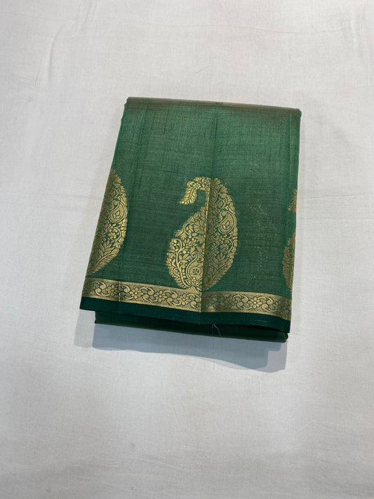 Semi Tussar Silk Saree - Dark Green Colour with Mango Motifs and Sleek Border