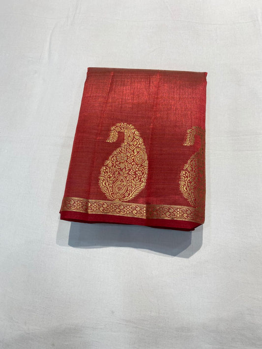 Semi Tussar Silk Saree - Red Colour with Mango Motifs and Sleek Border