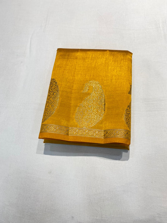 Semi Tussar Silk Saree - Gold Colour with Mango Motifs and Sleek Border