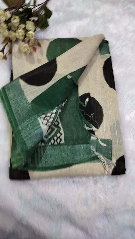 Linen Cotton Sarees - Green and Black Polka Dots Geomrtic Pallu