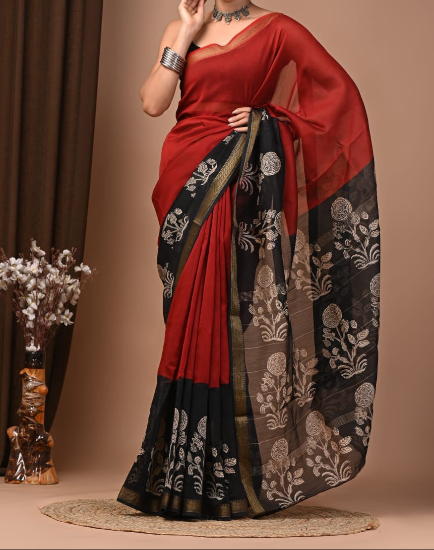 Maheshwari sik sarees Red saree with black motifs throughout the body, black and red floral motifs pallu and border.