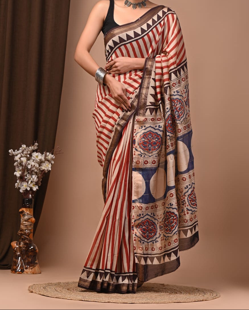 Maheshwari sik sarees beige saree with Red stripes blue temple border with sleek zari, blue and red floral and geometric motifs in the pallu