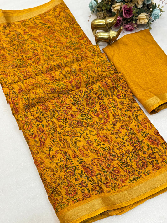Soft Tussar with Mango Motifs Gold Yellow Color