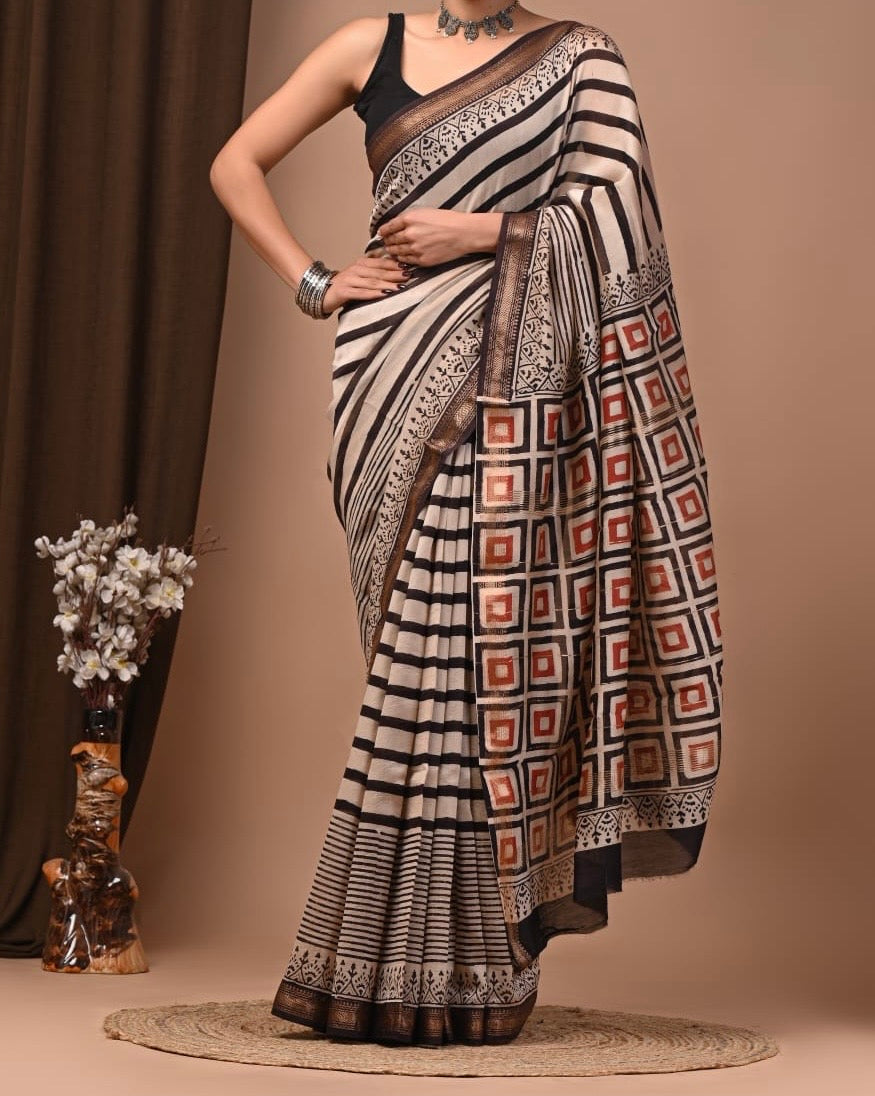 Maheshwari sik sarees beige saree with broad black stripes in body, red and blck square geometric motifs border sleek zari border