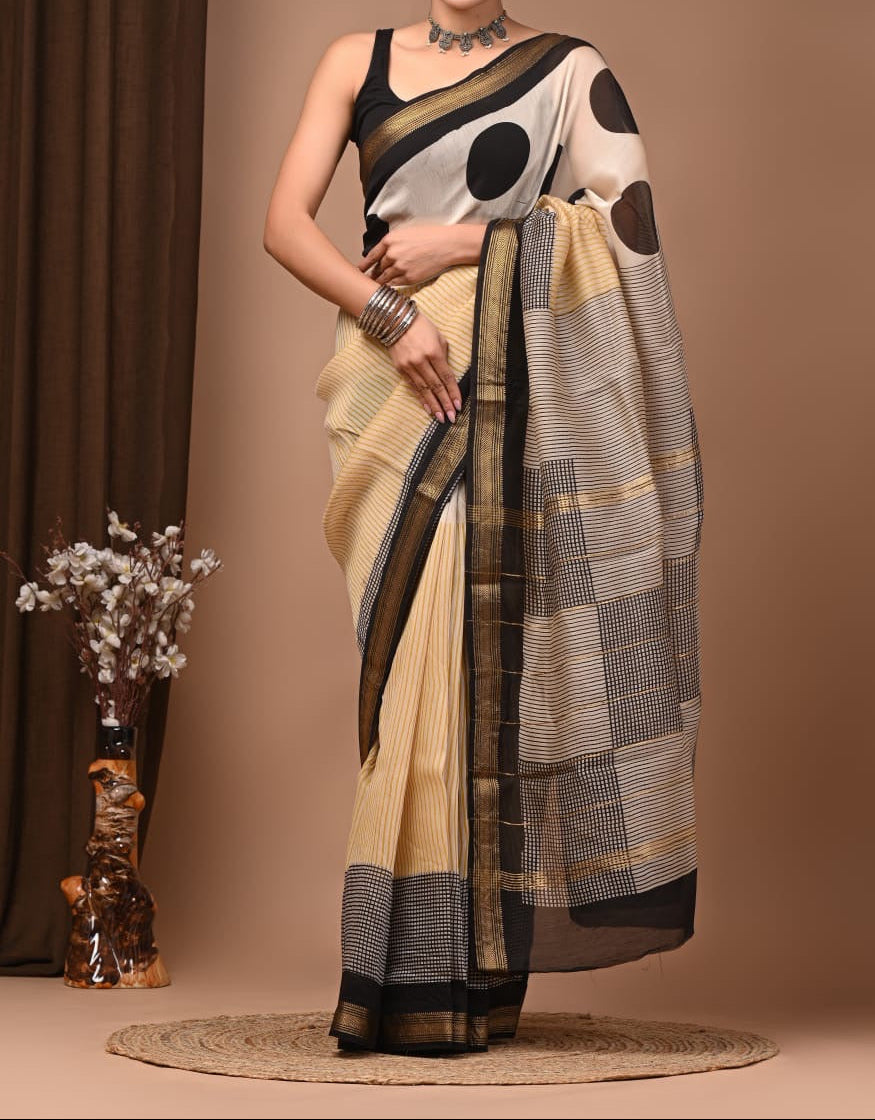 Maheshwari sik sarees beige saree with polka dots and stripes in body, black stripes checks pallu sleek zari border